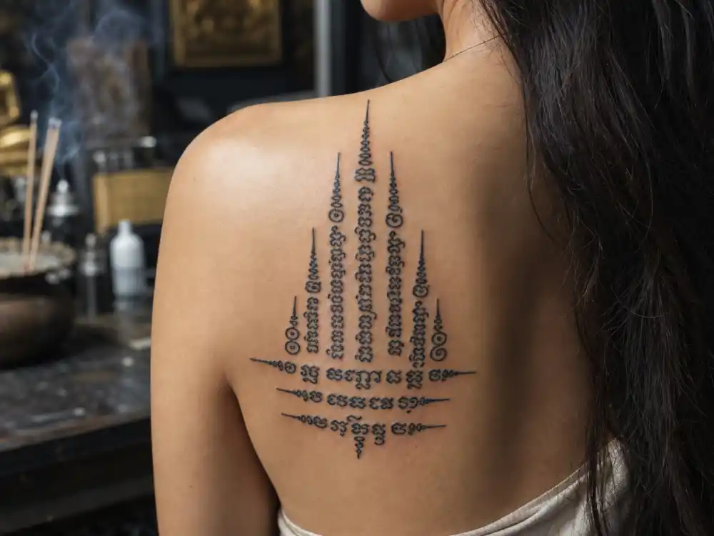 Angelina Jolie tattoos and their meanings — Buddhist Pali script sak yant tattoo on shoulder blade in traditional Thai lettering