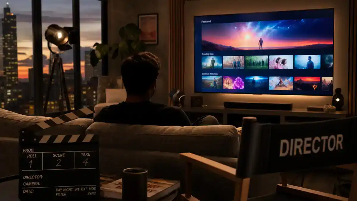 Apple TV Plus 2026 shows and cast guide — living room streaming watch scene with TV silhouettes, clapperboard, and director chair, editorial production reference