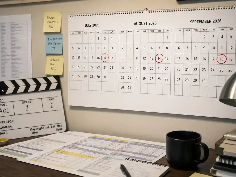 Apple TV Plus 2026 shows and cast guide release schedule — production office calendar with July through September circled dates and clapperboard