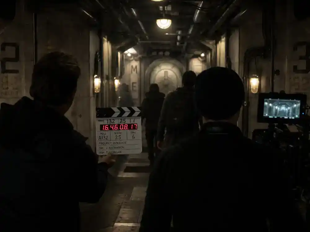 Apple TV Plus 2026 shows and cast guide Silo — dystopian bunker corridor film set with clapperboard and crew silhouettes on sci-fi TV production