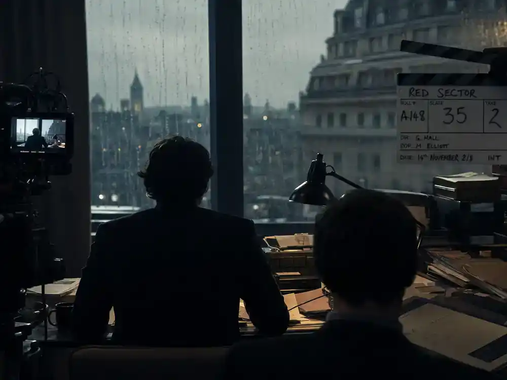 Apple TV Plus 2026 shows and cast guide Slow Horses — London office spy thriller film set with actor silhouettes from behind at cluttered desk