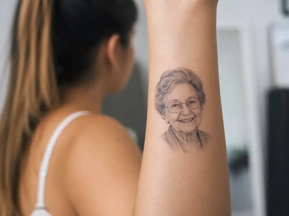 Ariana Grande tattoos and their meanings — grandmother Marjorie portrait tattoo on forearm in black-and-grey fine-line realism