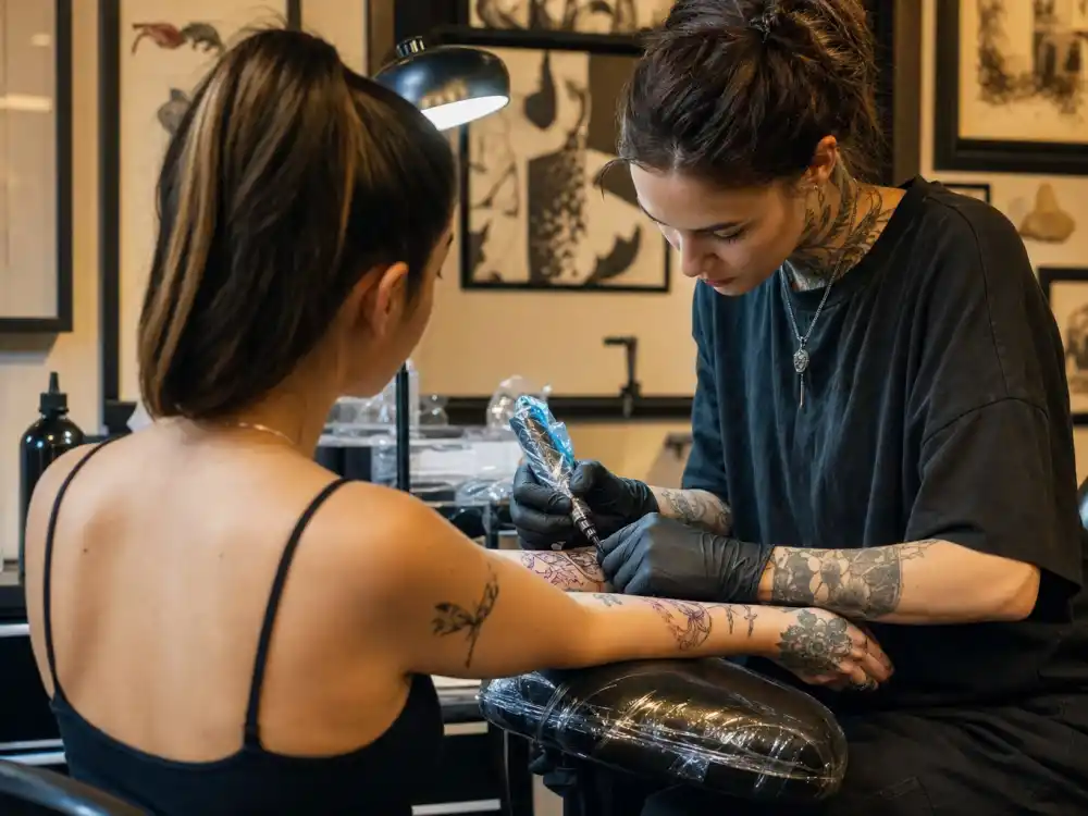 Ariana Grande tattoos and their meanings — tattoo artist inking forearm during professional studio session with existing hand tattoos visible