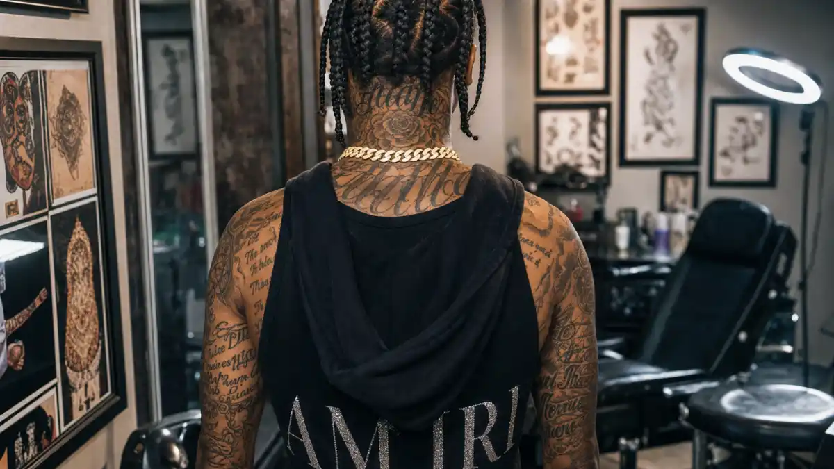 ASAP Rocky tattoos and their meanings — Harlem rapper seen from behind in tattoo studio with braided hair and extensive neck and arm ink visible