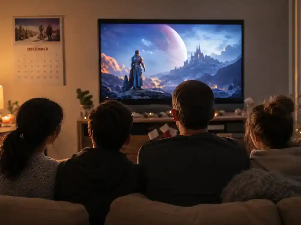 Avatar 3 filming locations and cast updates December 2025 release — family silhouettes watching sci-fi epic on living room TV from behind
