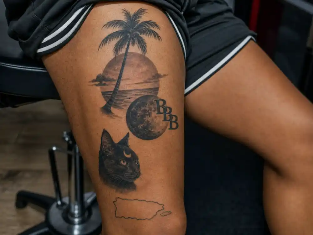 Bad Bunny tattoos and their meanings — palm tree sunset, planet with three Bs, black cat moon, and Puerto Rico map thigh tattoos close-up