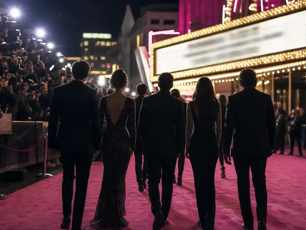 Barbie movie filming locations and set design premiere — cast silhouettes from behind walking pink carpet toward theater marquee with photographers at summer release night
