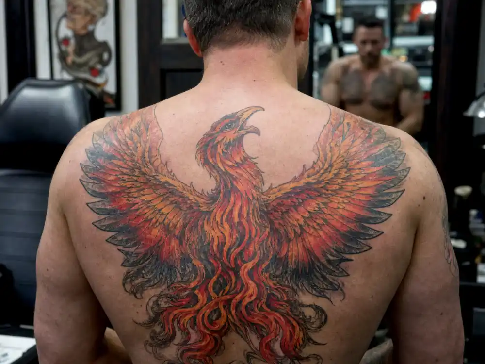 Ben Affleck tattoos and their meanings — close-up of colorful phoenix back tattoo with orange red wings in studio mirror