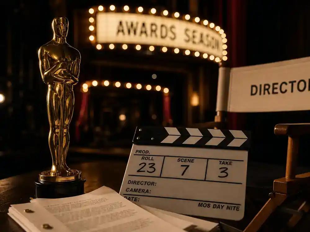 best celebrity performances of 2026 ranked awards season — golden statuette silhouette beside clapperboard and script on awards-season production desk