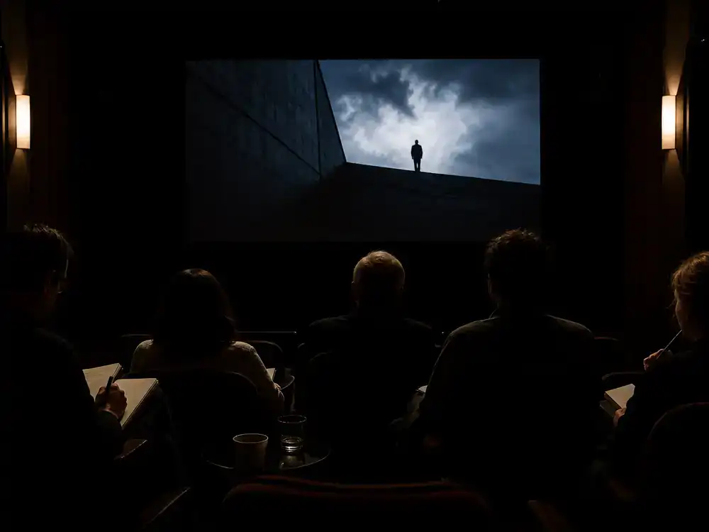 best celebrity performances of 2026 ranked critic favorites — screening room silhouettes from behind reviewing dramatic film during critic preview event