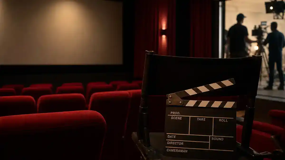 best celebrity performances of 2026 ranked — premium cinema screening room with clapperboard, director chair, and crew silhouettes on film production set