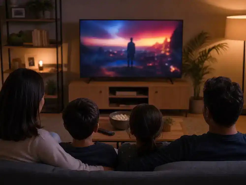 best celebrity performances of 2026 ranked streaming roles — viewer silhouettes from behind watching prestige drama on living room TV without logos