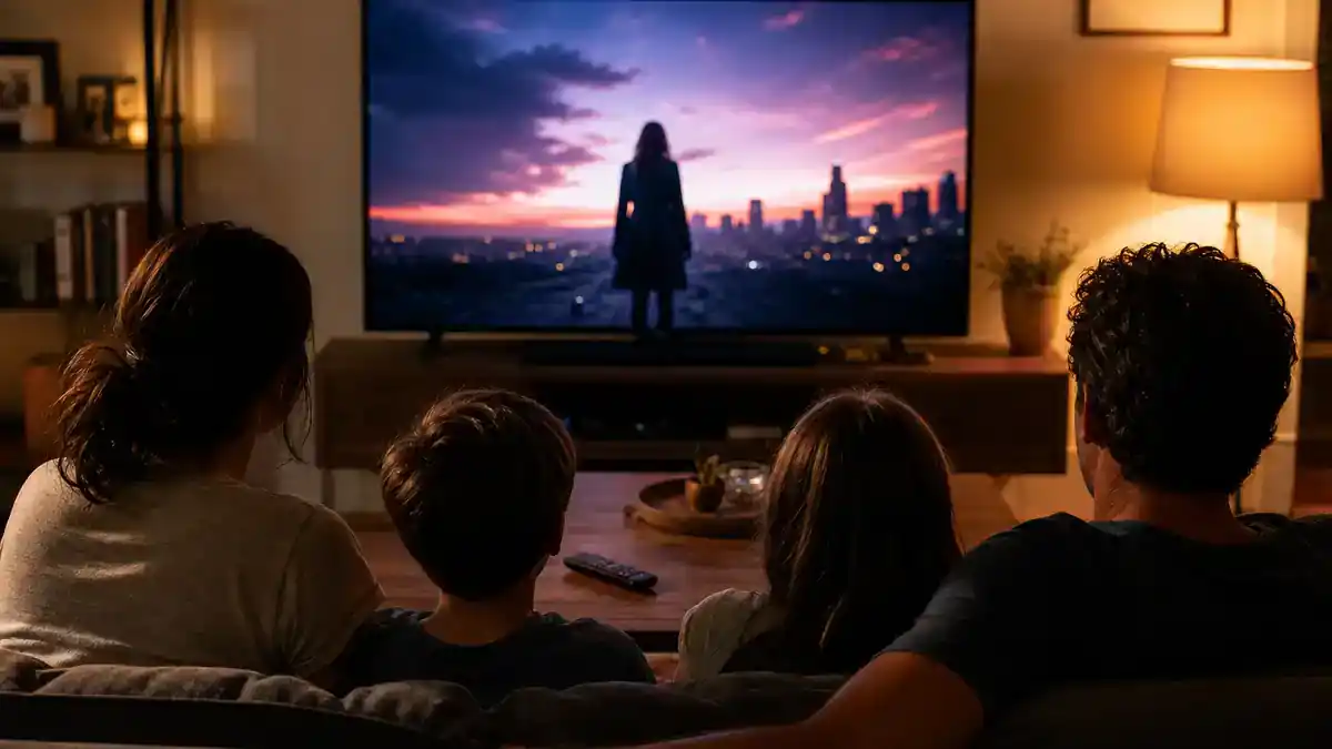 Best new streaming shows July 2026 ranked — family silhouettes binge-watching premium TV on living room flat screen with generic streaming interface, editorial reference
