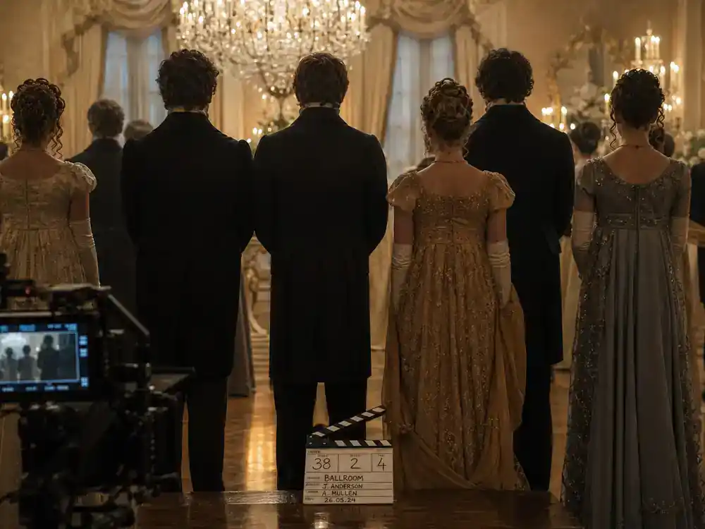 Best new streaming shows July 2026 ranked Netflix binge — Regency period TV cast silhouettes from behind on ballroom film set with chandelier and clapperboard