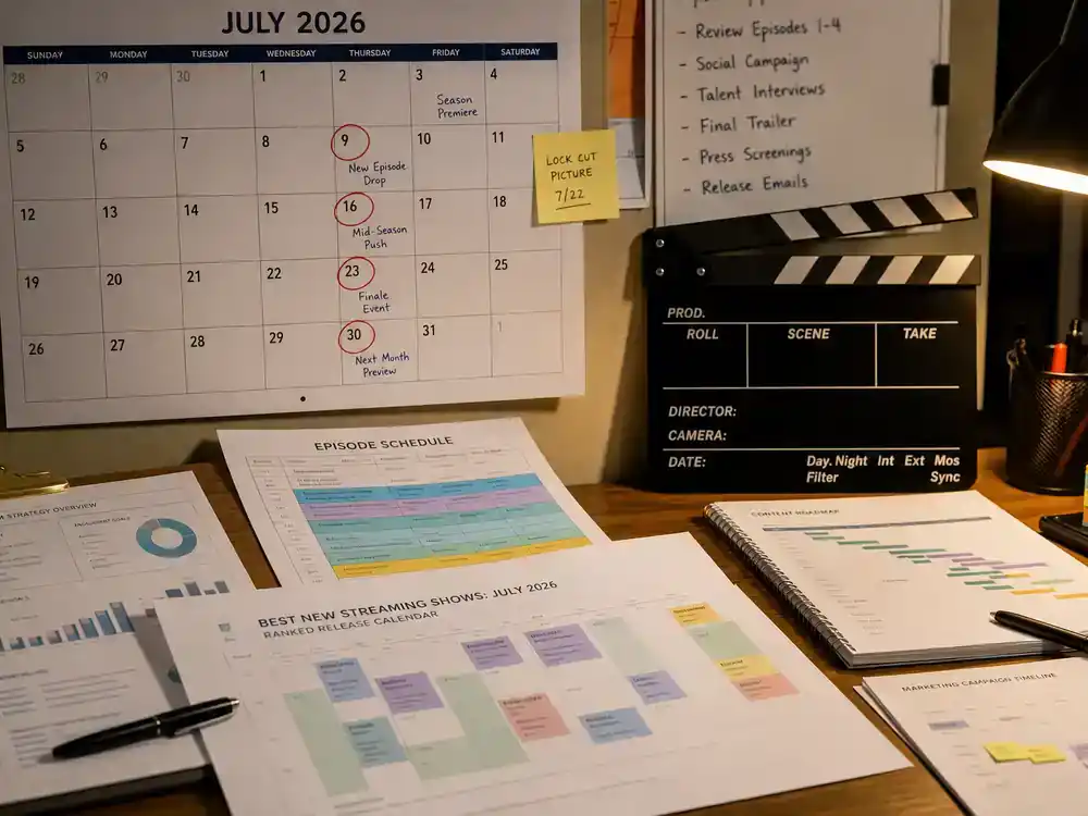 Best new streaming shows July 2026 ranked Paramount Plus July — production office calendar with July dates circled, clapperboard and episode schedule printouts on desk