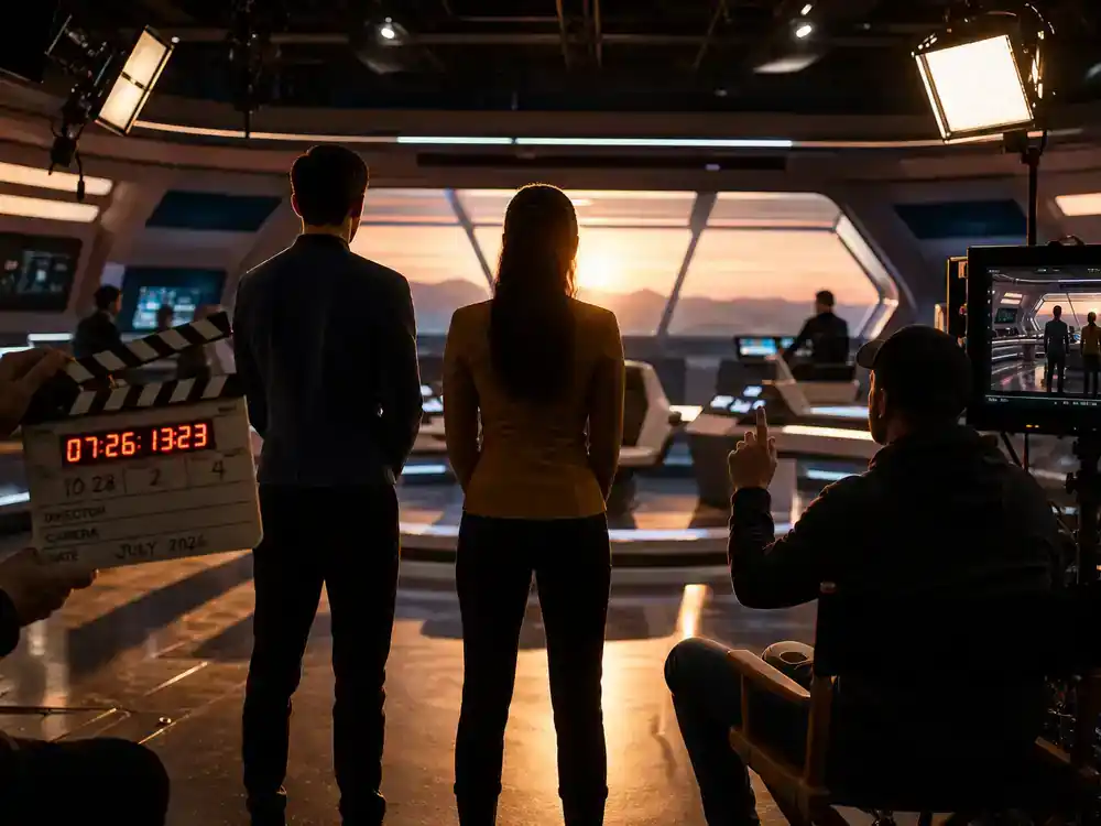 Best new streaming shows July 2026 ranked Strange New Worlds — sci-fi TV cast silhouettes from behind on starship bridge soundstage with clapperboard and director chairs