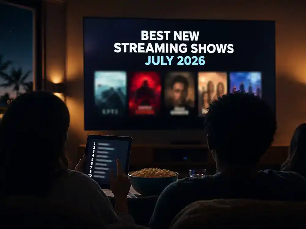Best new streaming shows July 2026 ranked list — viewer silhouettes from behind ranking TV shows on tablet in home theater with summer binge-watch setup