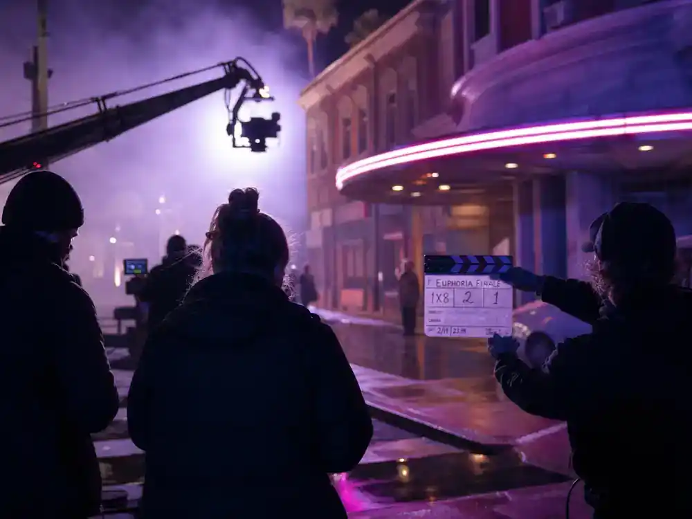 Best TV finales of 2026 ranked so far Euphoria — moody teen TV drama night exterior film set with purple neon camera crane and crew silhouettes