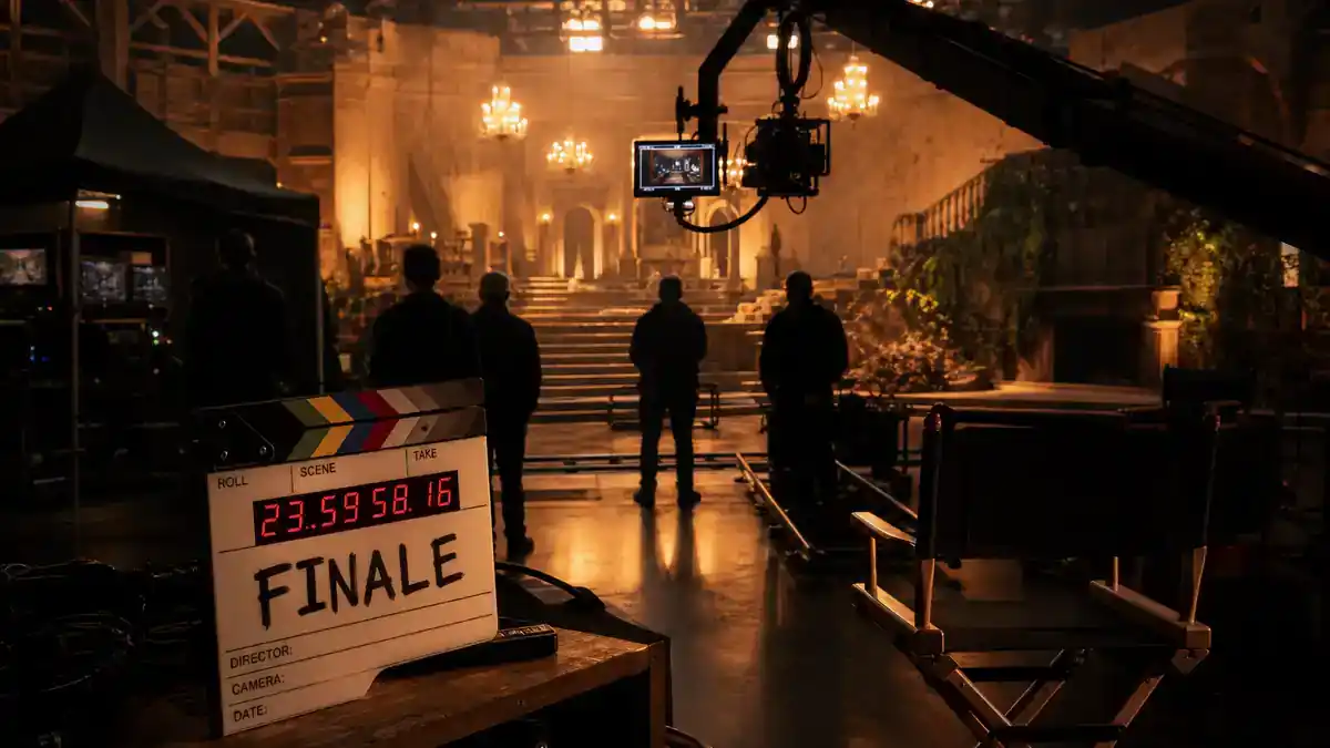 Best TV finales of 2026 ranked so far — TV drama production soundstage at night with clapperboard director chairs camera crane and crew silhouettes