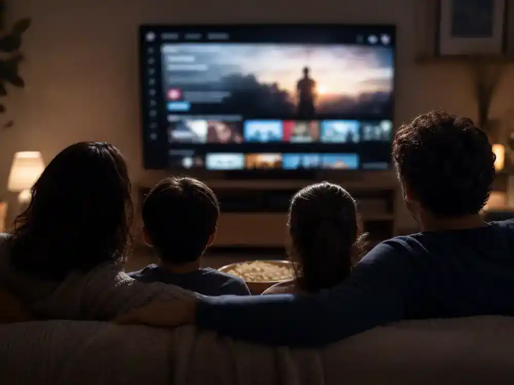 Best TV finales of 2026 ranked so far streaming — family silhouettes watching dramatic TV finale on living room flat screen with generic blurred interface