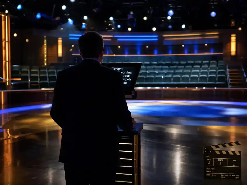 Big Brother 2026 cast and house preview host — TV show host silhouette from behind at live eviction soundstage podium with teleprompter and clapperboard