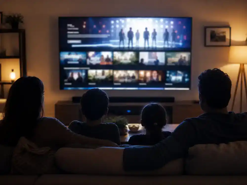 Big Brother 2026 cast and house preview live feeds — family silhouettes watching competition reality TV on living room flat screen with generic blurred streaming interface