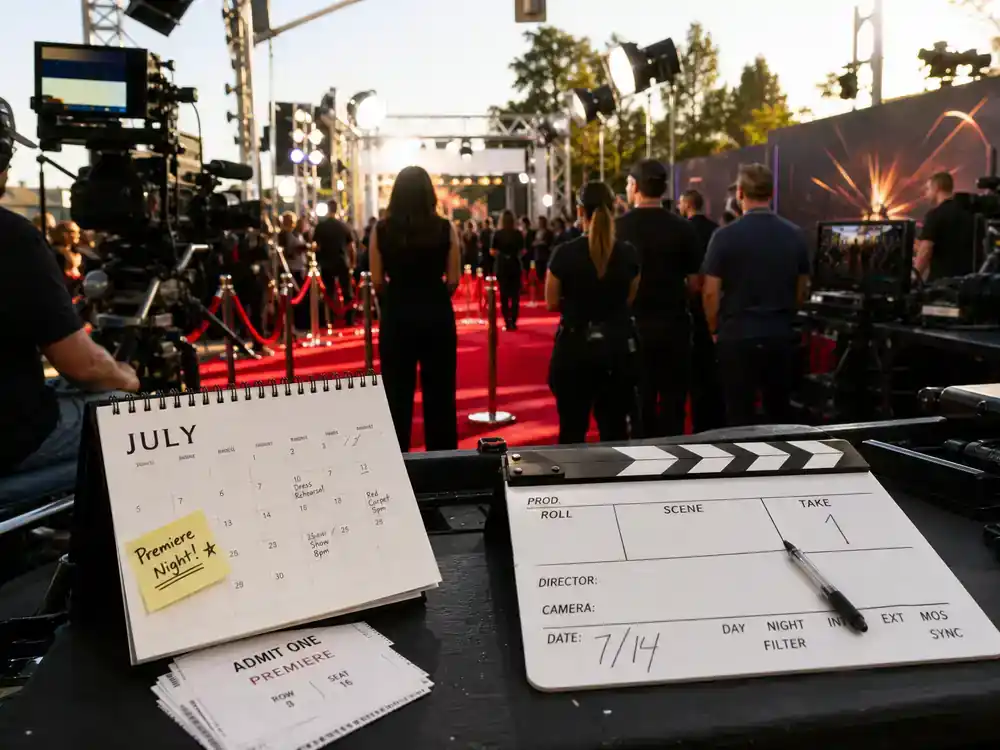 Big Brother 2026 cast and house preview premiere — summer TV broadcast premiere production desk with July calendar clapperboard ticket stubs and camera crew silhouettes