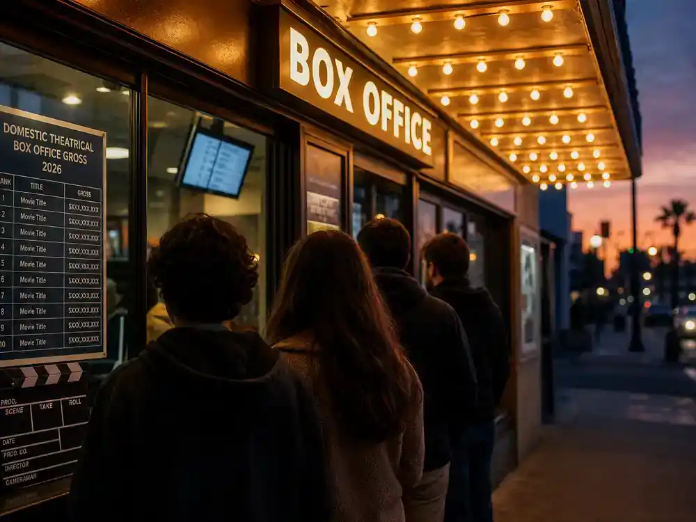 Biggest box office movies of 2026 so far domestic gross chart — movie theater box office ticket window at dusk with buyer silhouettes in queue