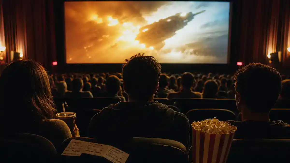 Biggest box office movies of 2026 so far — packed movie theater auditorium silhouettes facing bright cinema screen with ticket stubs and popcorn, editorial box office reference