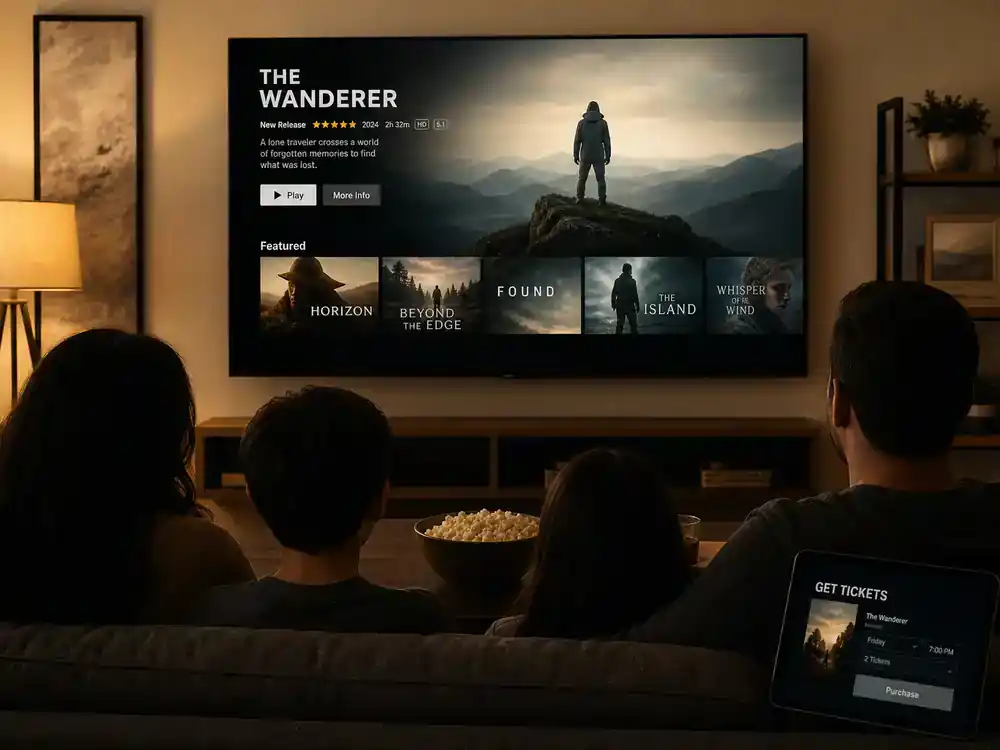 Biggest box office movies of 2026 so far streaming hybrid — family silhouettes on couch watching generic movie interface on TV with tablet nearby