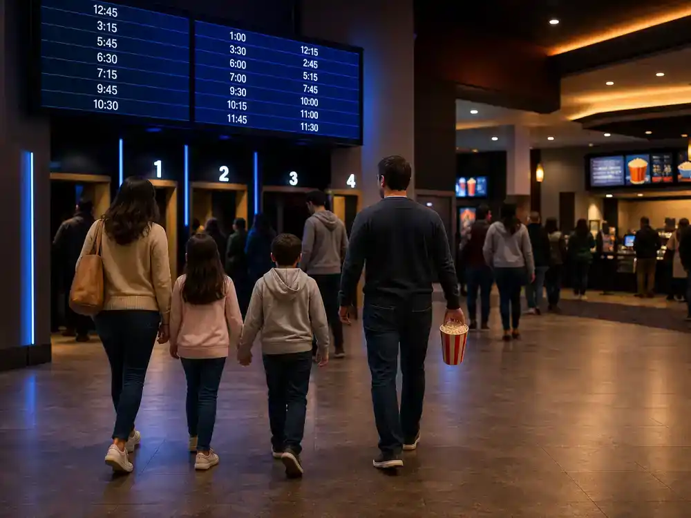 Biggest box office movies of 2026 so far theatrical release — multiplex cinema lobby with digital showtime boards and families walking toward theater doors