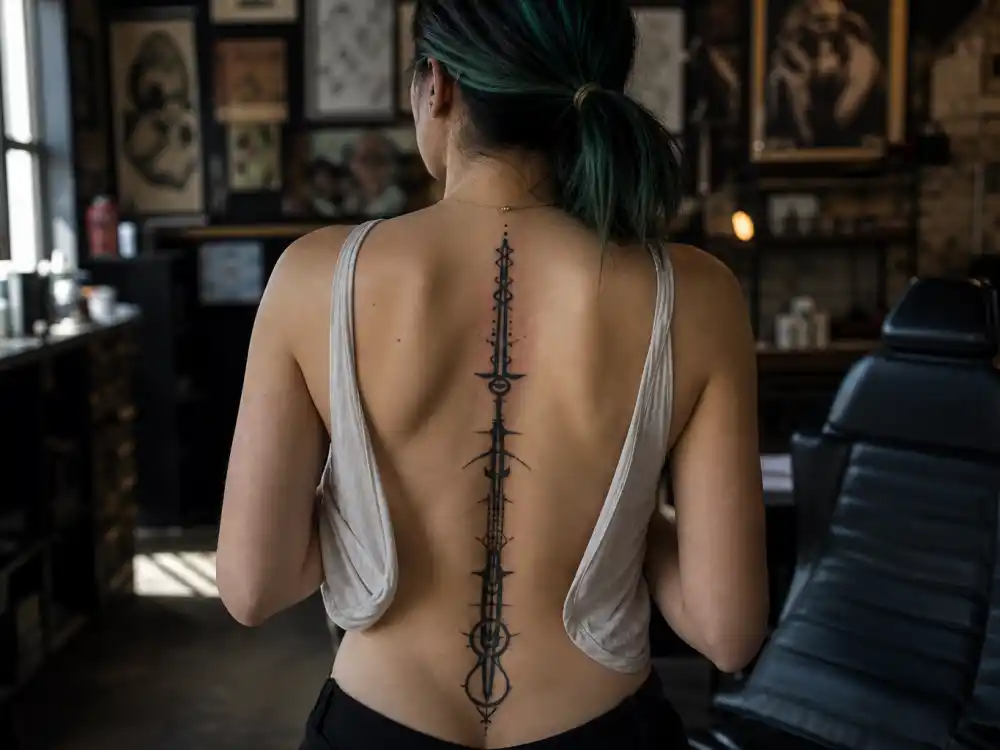 Billie Eilish tattoos and their meanings spine — abstract black ink tattoo running down spine from nape seen from behind at tattoo parlor