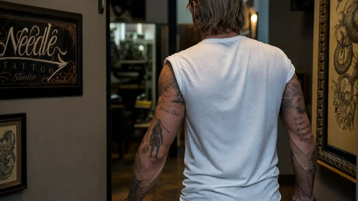 Brad Pitt tattoos and their meanings — sandy blond athletic man from behind in tattoo studio hallway showing extensive forearm ink including Ötzi and Invictus designs