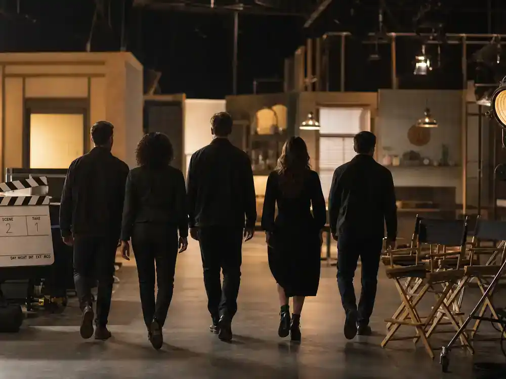 Breaking Bad cast net worth 2026 ranked ensemble — TV drama actor silhouettes from behind walking onto soundstage set with clapperboard and warm studio lighting