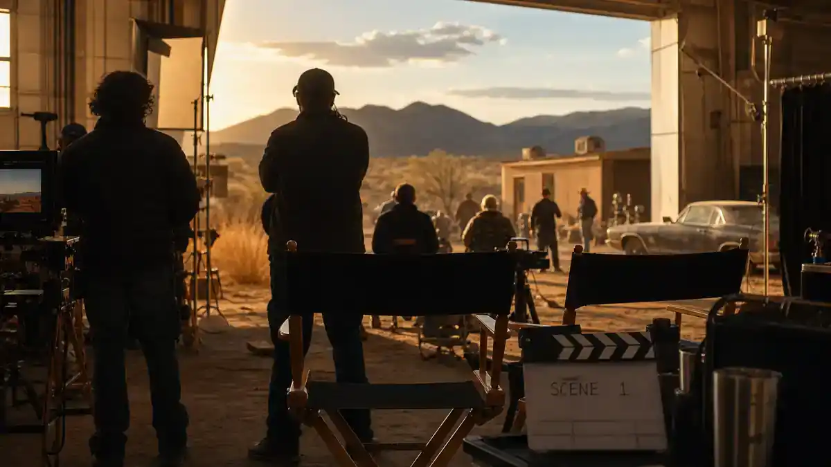 Breaking Bad cast net worth 2026 ranked — prestige TV drama soundstage with director chairs clapperboard and crew silhouettes under warm Albuquerque desert lighting