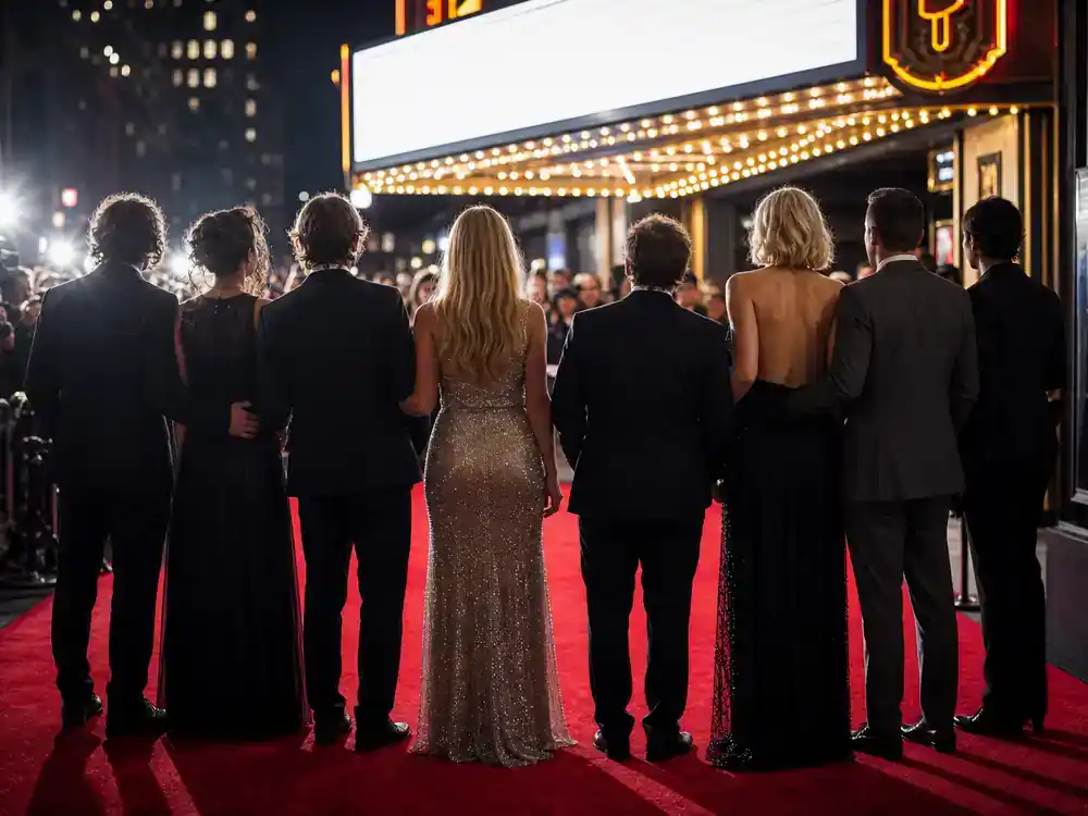 Breaking Bad cast net worth 2026 ranked premiere — TV drama ensemble cast silhouettes from behind on red carpet at series finale night with theater marquee glow