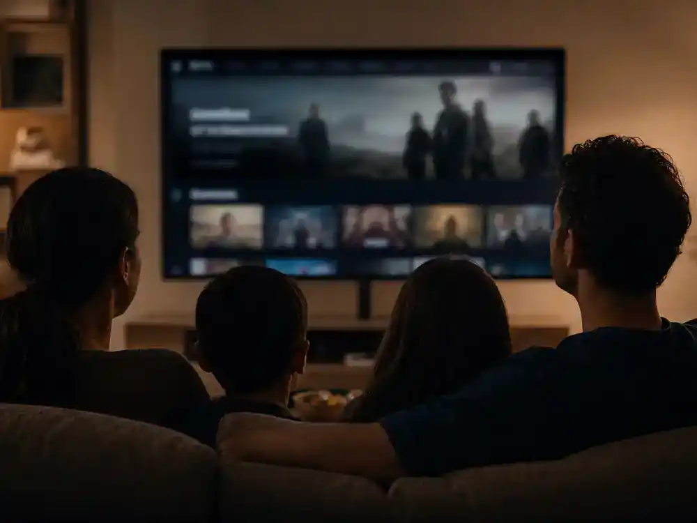 Breaking Bad cast net worth 2026 ranked streaming — family silhouettes watching prestige TV drama reruns on living room TV with generic blurred streaming interface