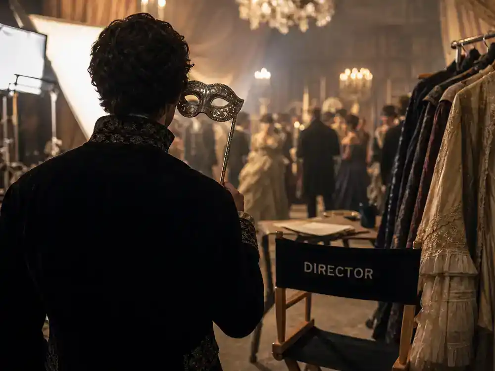 Bridgerton season 4 cast and new characters guide Benedict lead — actor silhouette from behind at masquerade ball film set with silver mask prop and director chair