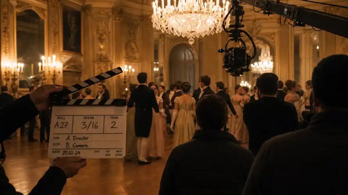 Bridgerton season 4 cast and new characters guide — Regency period TV drama ballroom film set with clapperboard camera crane and crew silhouettes under chandelier lights