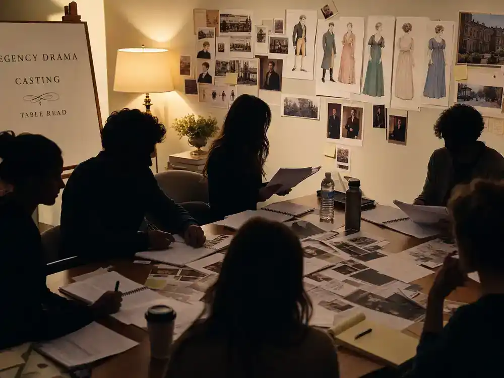Bridgerton season 4 cast and new characters guide newcomers — actor silhouettes at period TV drama casting table read with scripts and Regency reference photos