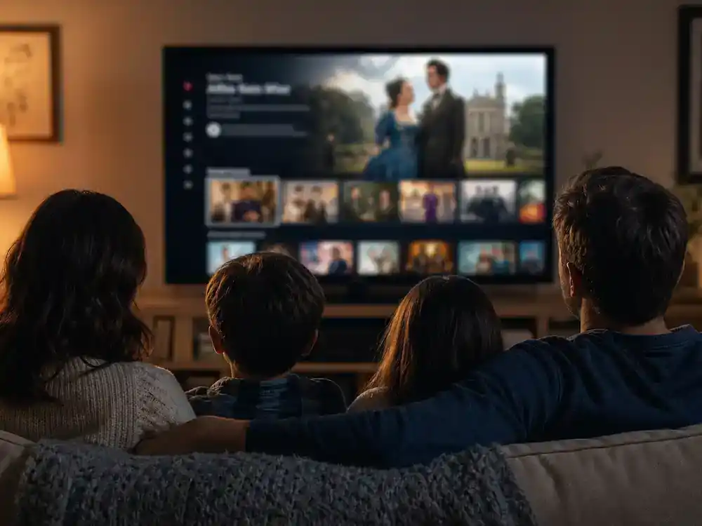 Bridgerton season 4 cast and new characters guide release — family silhouettes watching period TV drama on living room flat screen with generic blurred streaming interface