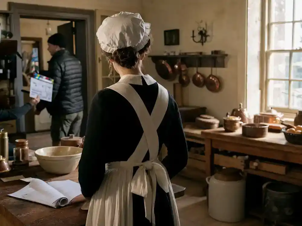 Bridgerton season 4 cast and new characters guide Sophie Baek — actress silhouette from behind in maid costume on Georgian manor kitchen film set with script pages