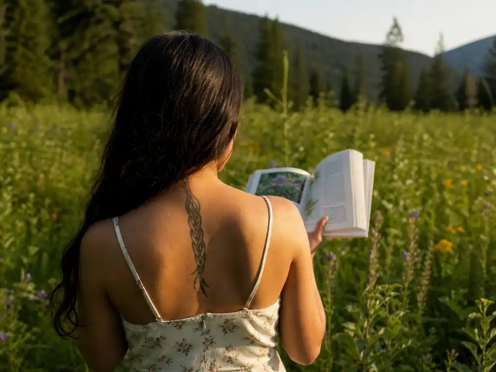 Camila Cabello tattoos and their meanings nature — neck sweetgrass braid visible hiking forest meadow with Braiding Sweetgrass ecological theme