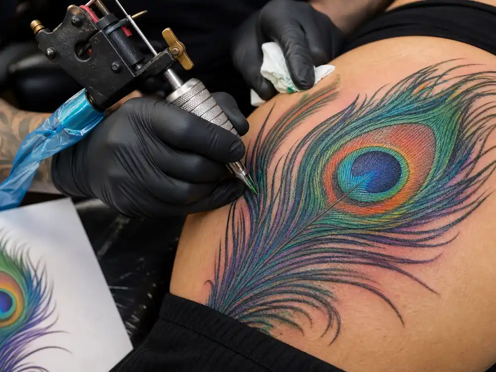 Cardi B tattoos and their meanings peacock — tattoo artist finishing vibrant peacock feather ink on hip during Jamie Schene documented 2020 touch-up session