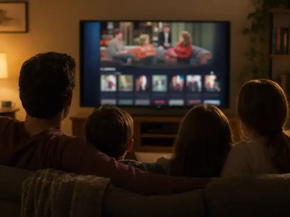 child actors from 90s sitcoms cast reunion guide streaming reruns — family silhouettes from behind watching classic 90s sitcom on living room TV with generic blurred streaming interface