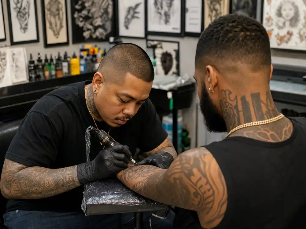 Chris Brown tattoos and their meanings — tattoo artist working on client forearm in professional studio session with existing sleeve ink