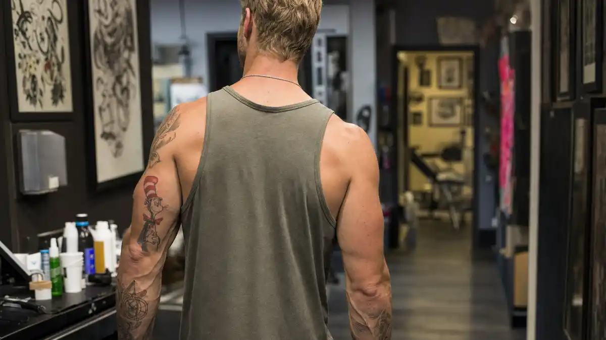 Chris Hemsworth tattoos and their meanings — blond athletic man from behind in tattoo studio hallway showing Dr. Seuss bicep ink and forearm family tattoos