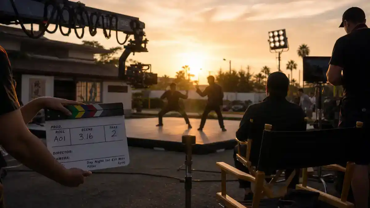 Cobra Kai cast and karate kid timeline guide — martial arts TV drama film set at golden hour with camera crane clapperboard and crew silhouettes on production lot