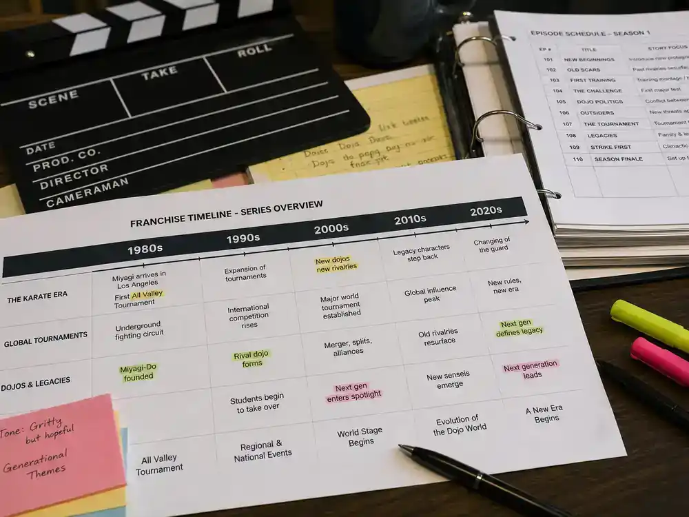 Cobra Kai cast and karate kid timeline guide franchise timeline — production desk with decade chart printout clapperboard and episode schedule binder