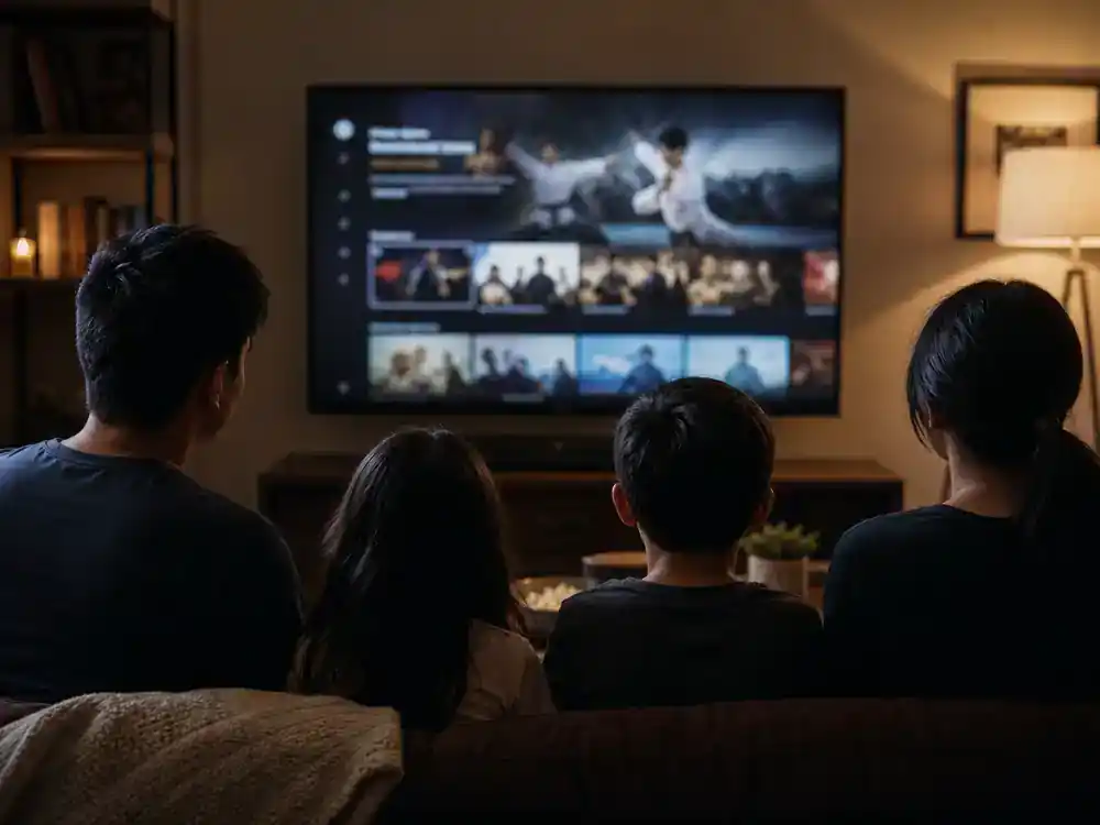 Cobra Kai cast and karate kid timeline guide Netflix — family silhouettes from behind watching martial arts TV drama on living room flat screen with generic blurred streaming interface
